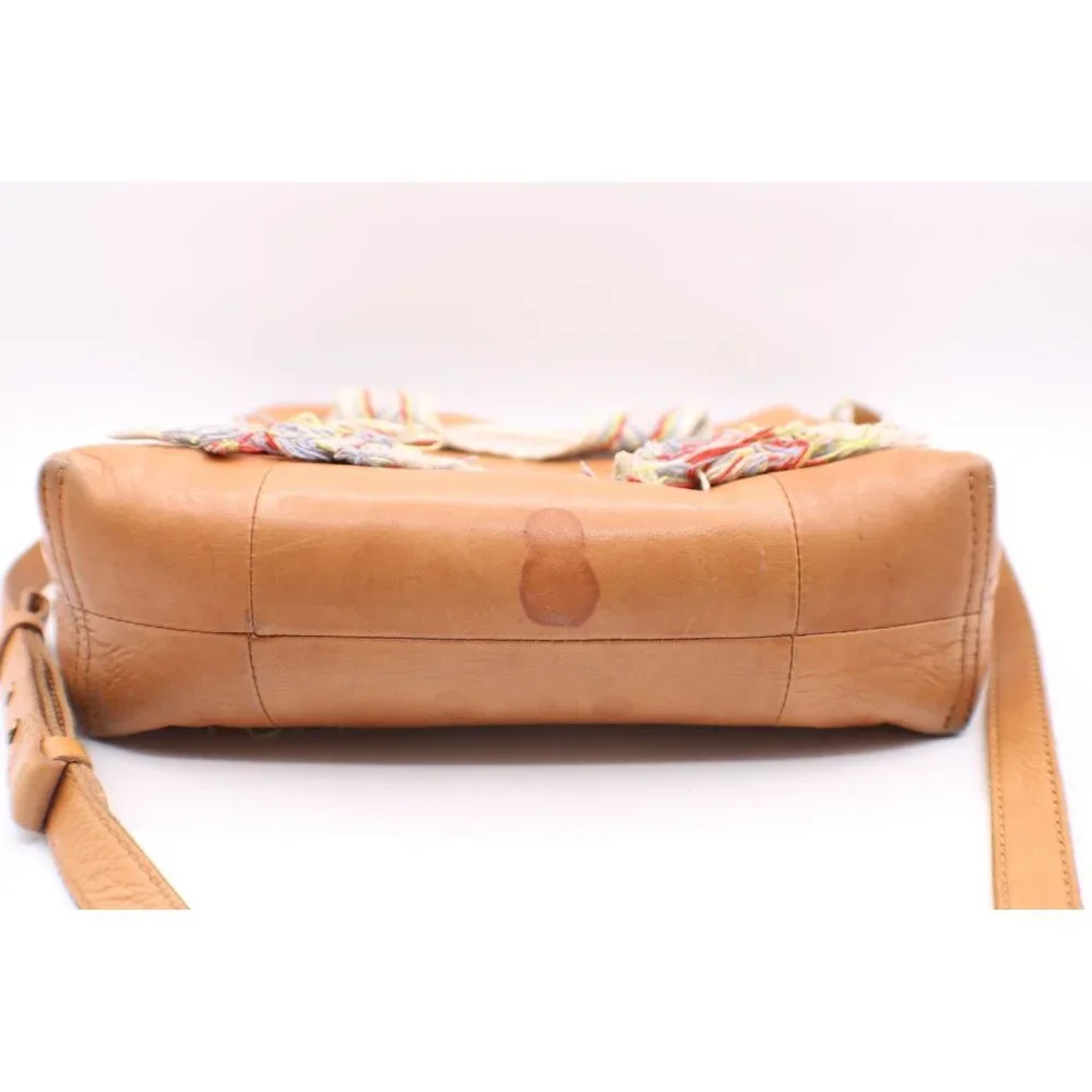 Madewell Tan Leather Crossbody Bag Handbag Colorful Striped Fringe Handles 10x10 - Picture 4 of 12